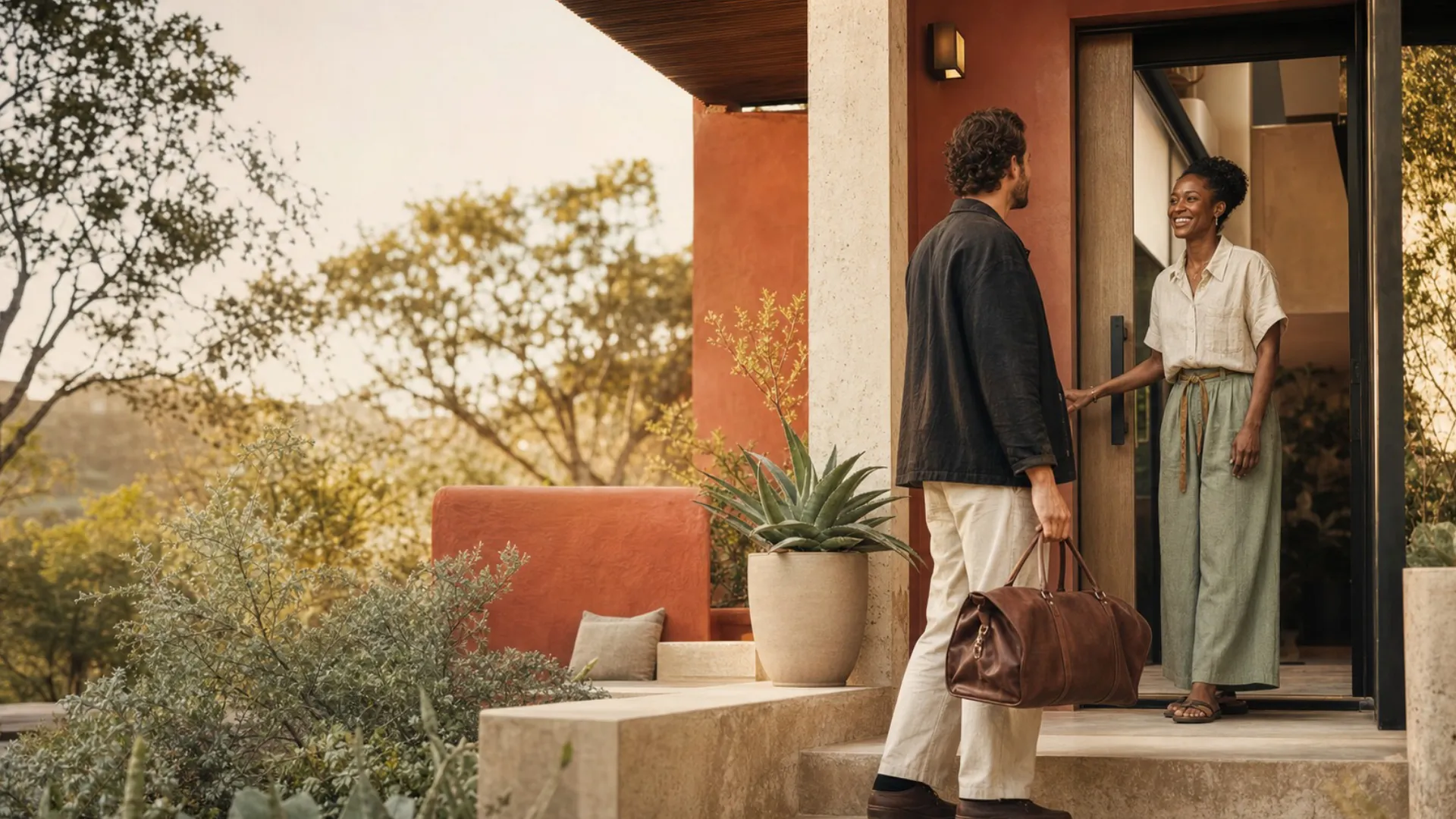 A host welcoming a guest at the entrance of a terracotta villa