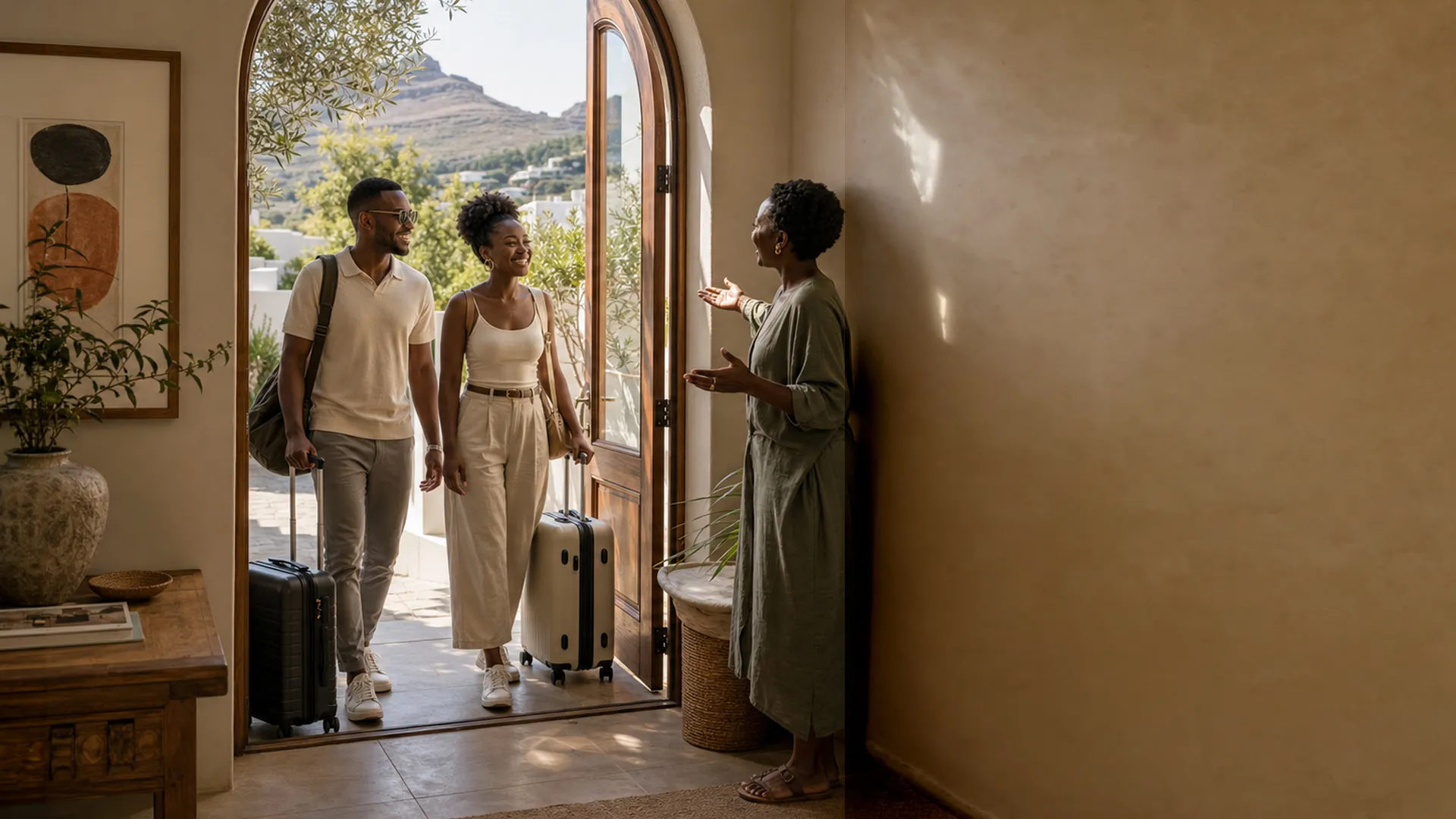 A host welcoming two guests through the arched front door of a boutique guesthouse